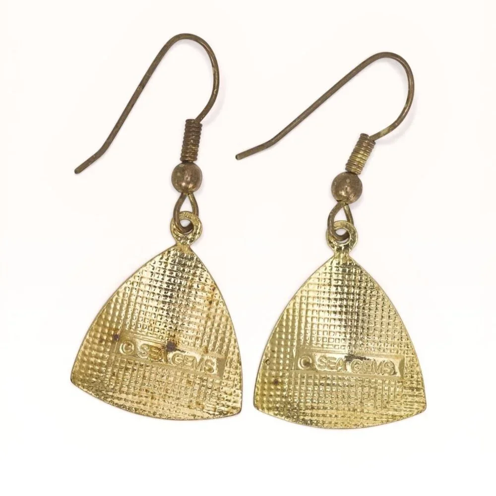 Celtic Enamel Earrings by Sea Gems Pierced Dangle Triangle Goldtone